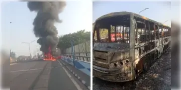 Read more about - Kolkata | সাতসকালে বিদ্যাসাগর সেতুতে আগুনে ছাই যাত্রীবাহী বাস! যানজটে নাকাল জনগণ