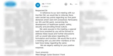 Read more about - R G Kar | পাঁচদফার মধ্যে ২টি দাবি মানা হয়নি, ফের মুখ্যমন্ত্রীর সঙ্গে আলোচনায় বসতে চেয়ে ইমেল জুনিয়র ডাক্তারদের
